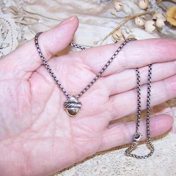 David Yurman Sterling Silver 14K Gold Petite Acorn Pendant with 16" Chain - Picture 5 of 9